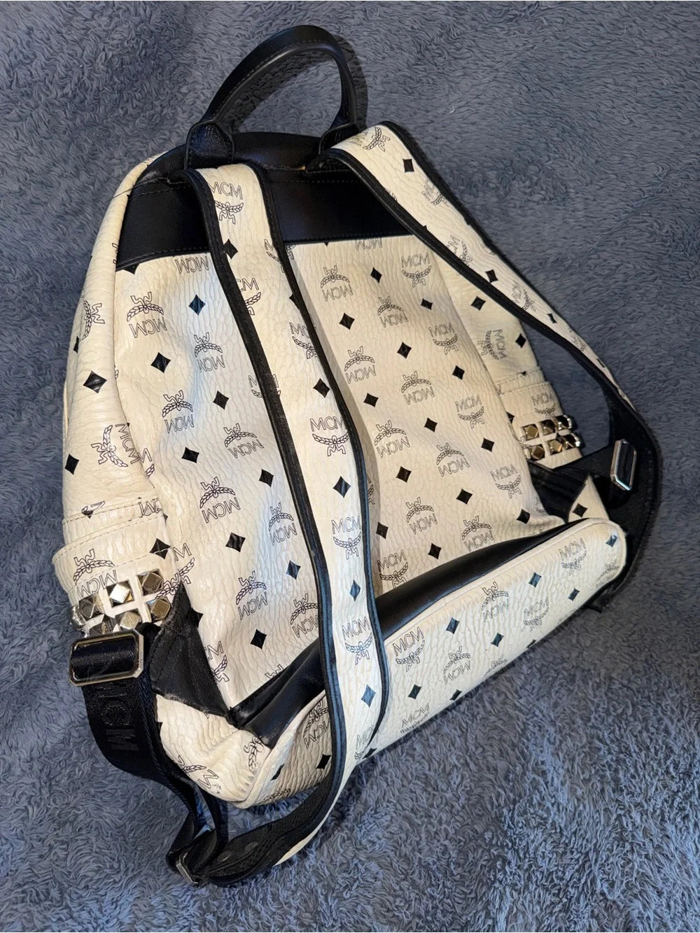 USED MCM Black & White Studded Backpack.